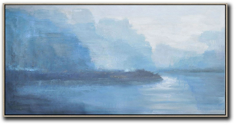 Large Abstract Art,Panoramic Abstract Landscape Painting,Abstract Art Decor,Contemporary Painting Grey,Sky Blue,White